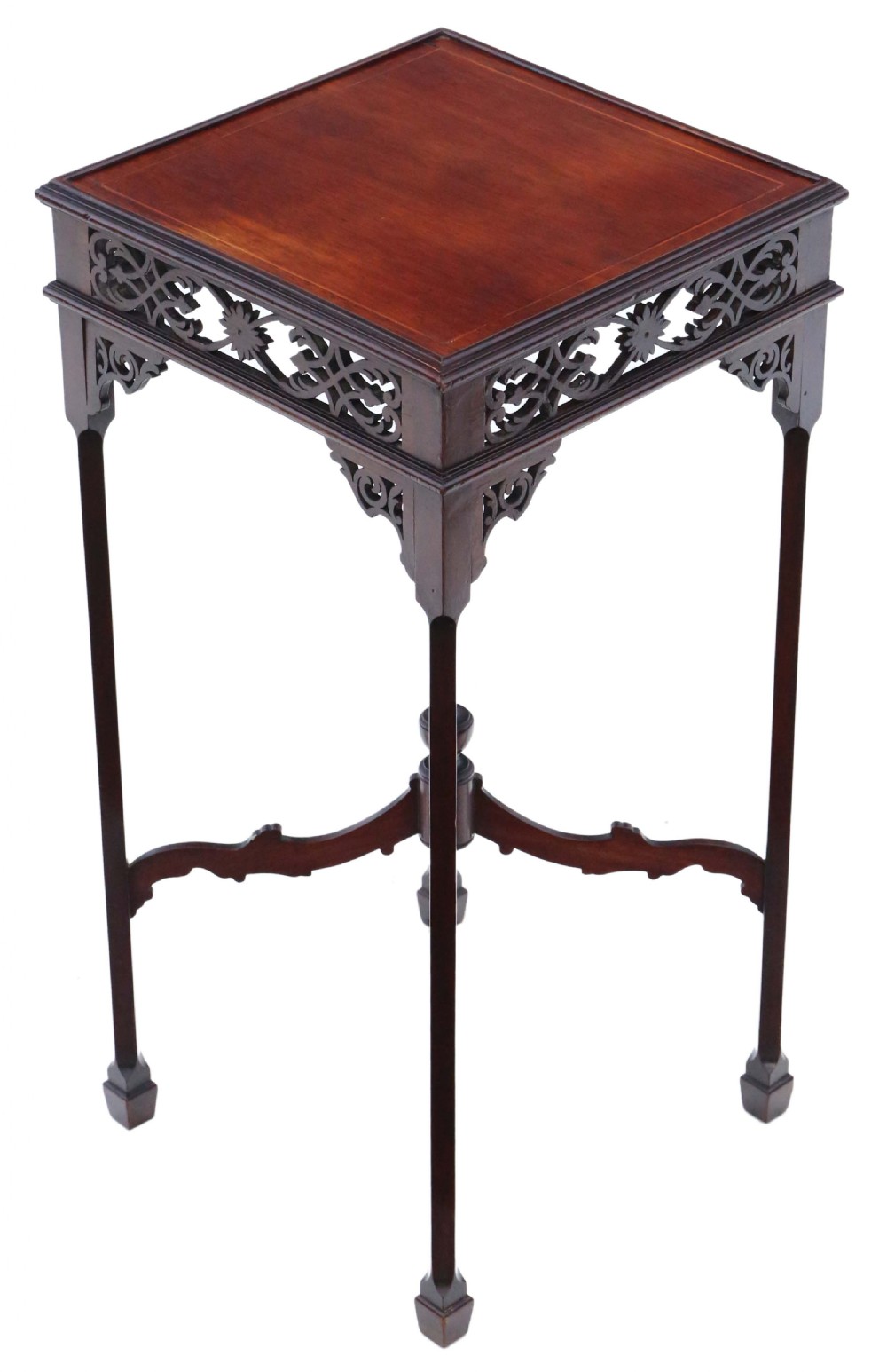 A dark mahogany Chippendale Revival urn stand featuring a square top, openwork pierced fretwork frieze, corner brackets, and a central cross-stretcher.
