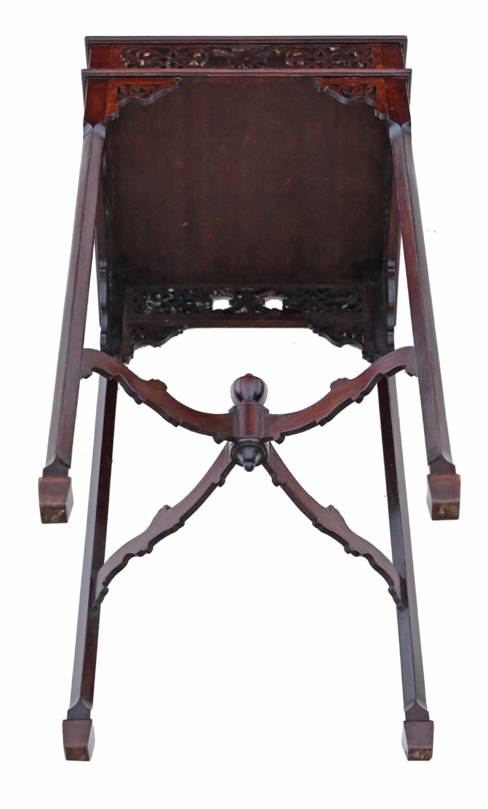 A dark mahogany Chippendale Revival urn stand featuring a square top, openwork pierced fretwork frieze, corner brackets, and a central cross-stretcher. View II
