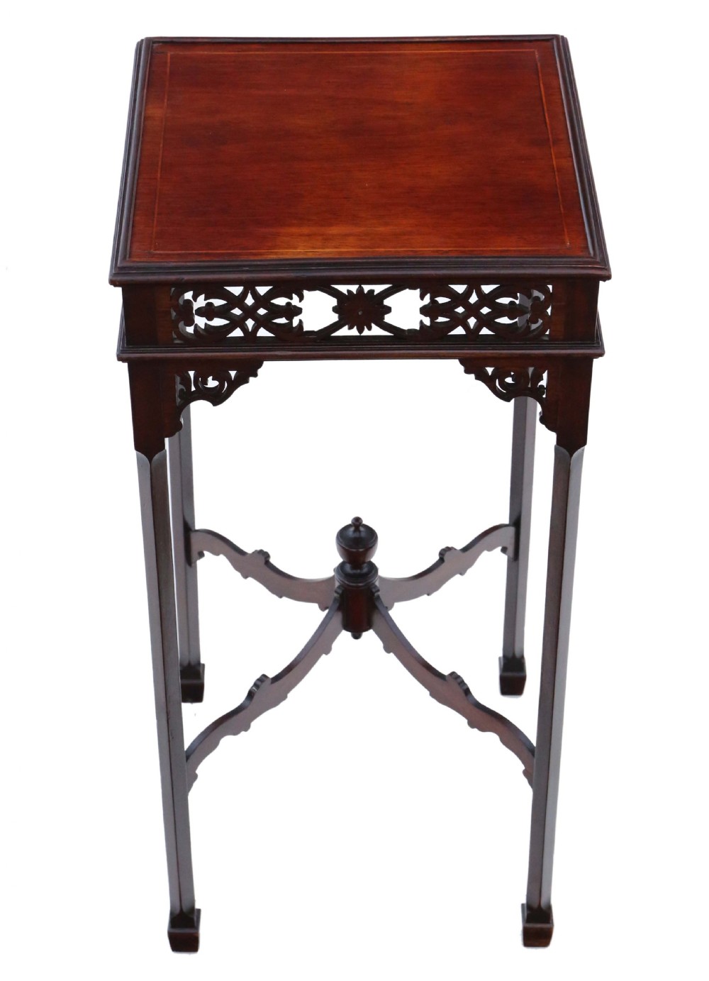 A dark mahogany Chippendale Revival urn stand featuring a square top, openwork pierced fretwork frieze, corner brackets, and a central cross-stretcher. View III