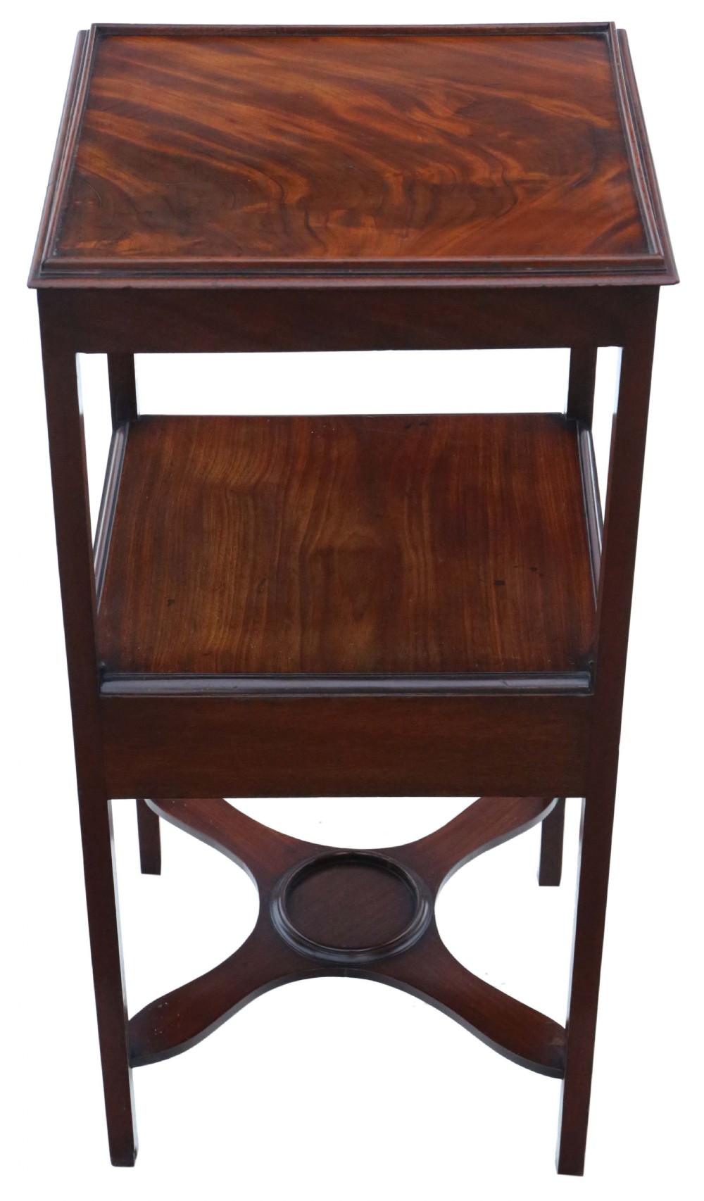 An antique Georgian mahogany bedside table featuring a flame mahogany tray top, an open shelf, a single drawer with a brass knob, and an X-shaped lower stretcher. View V