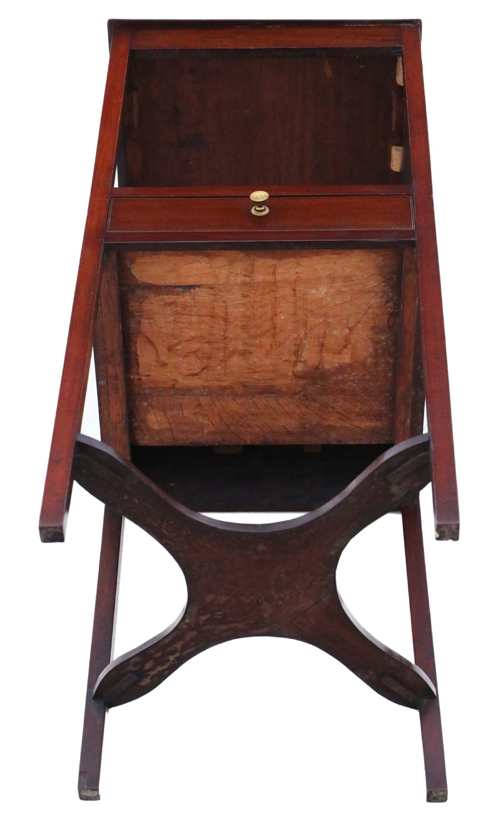 An antique Georgian mahogany bedside table featuring a flame mahogany tray top, an open shelf, a single drawer with a brass knob, and an X-shaped lower stretcher. View VII