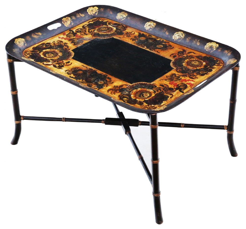 Antique quality Victorian 19th Century decorated black lacquer tray coffee table View II