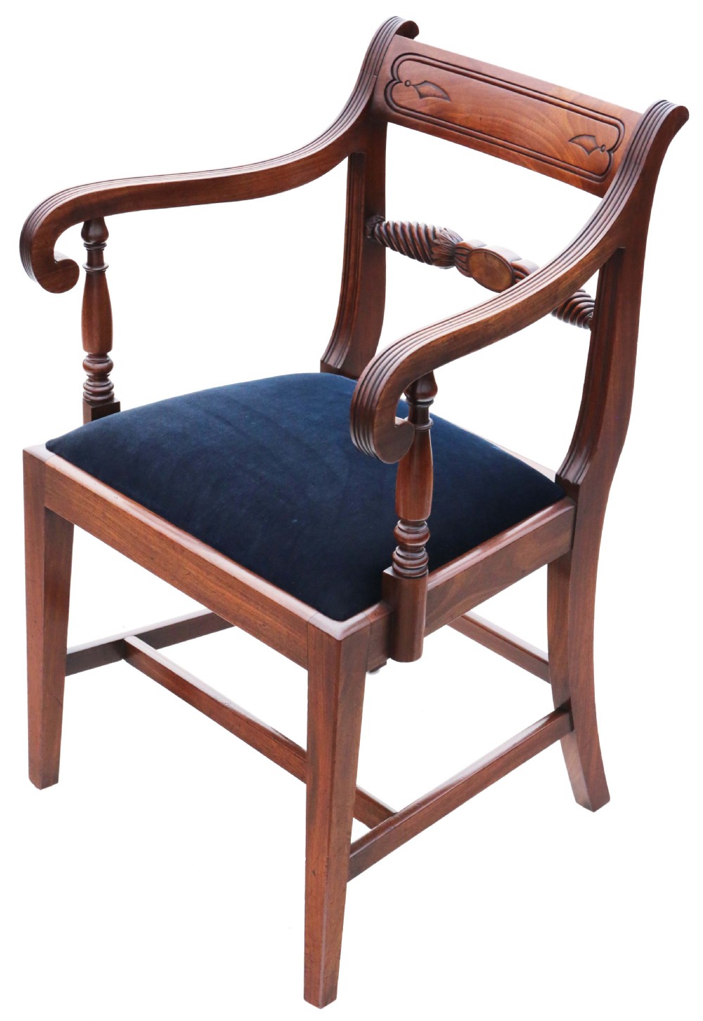 A set of eight Regency mahogany dining chairs featuring six single chairs and two carvers with dark blue velvet upholstered seats. View III
