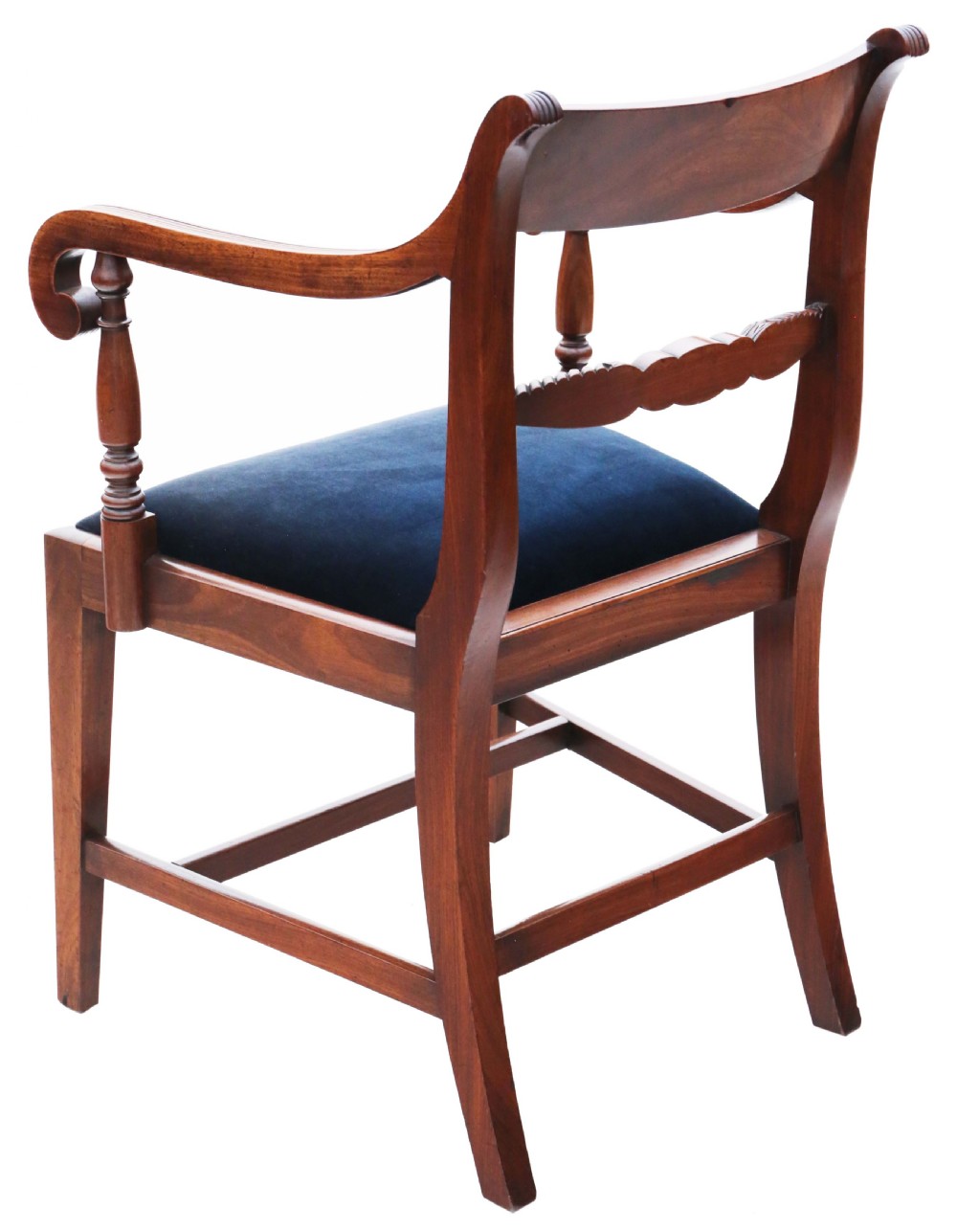 A set of eight Regency mahogany dining chairs featuring six single chairs and two carvers with dark blue velvet upholstered seats. View IV