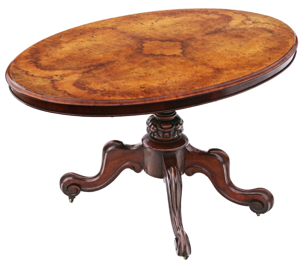 Antique fine quality large Victorian 19th Century burr walnut oval breakfast table with tilt top