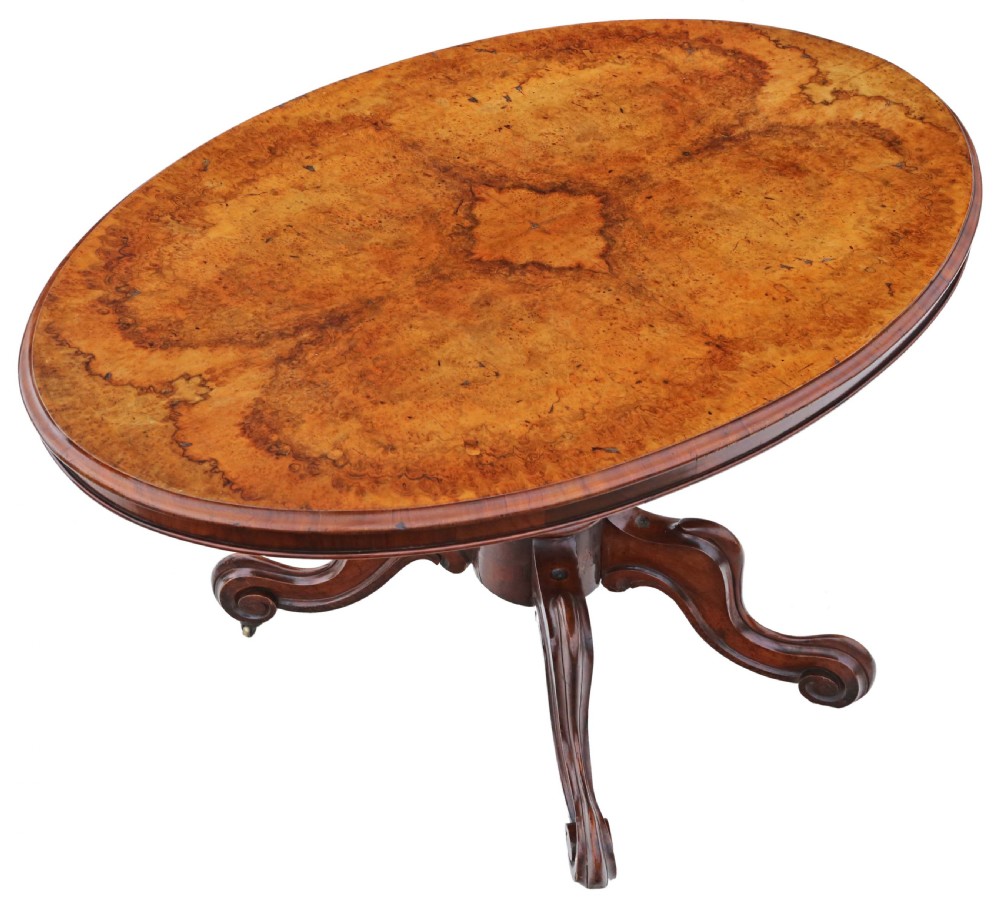 Antique fine quality large Victorian 19th Century burr walnut oval breakfast table with tilt top View II