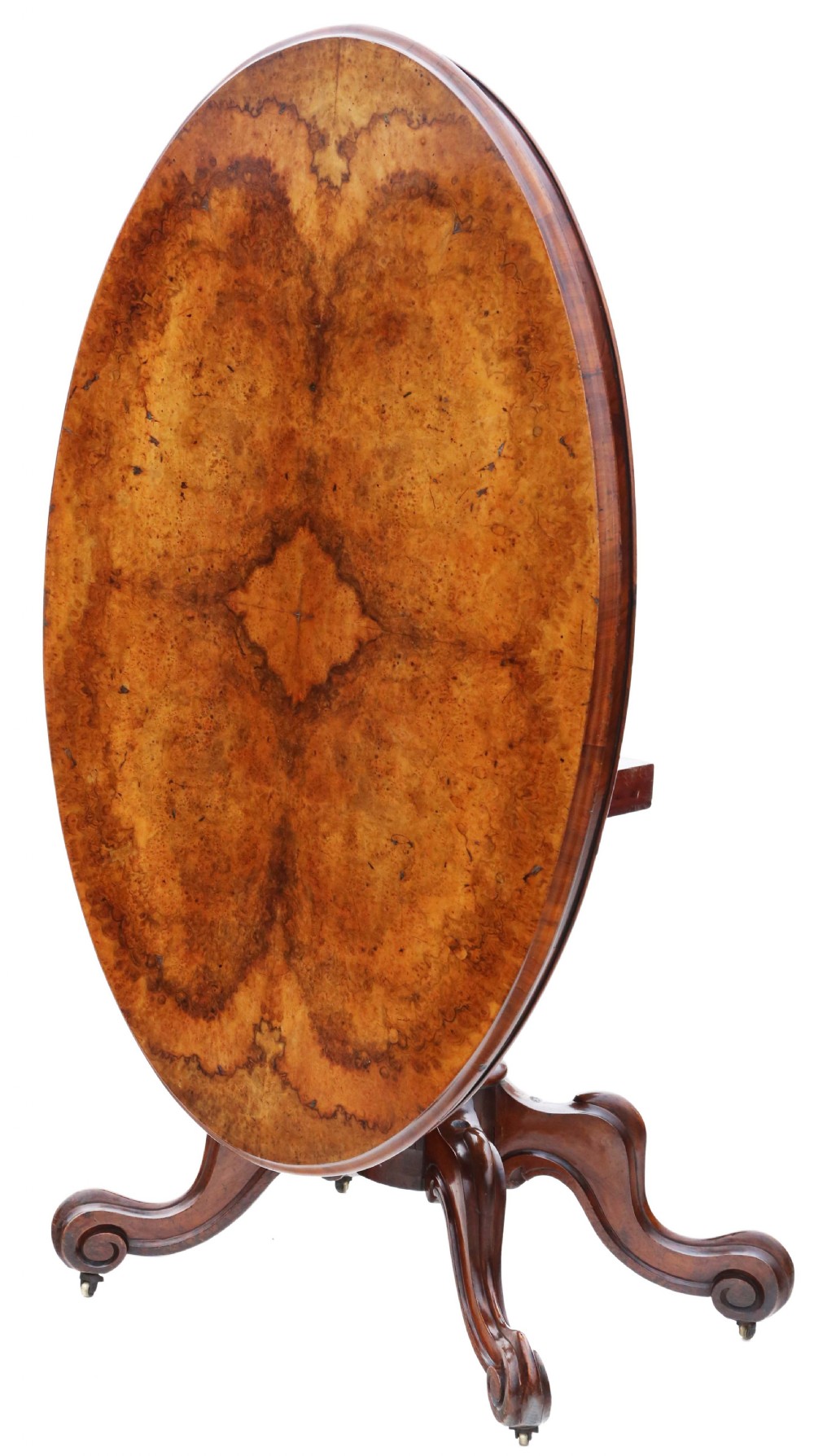 Antique fine quality large Victorian 19th Century burr walnut oval breakfast table with tilt top View III