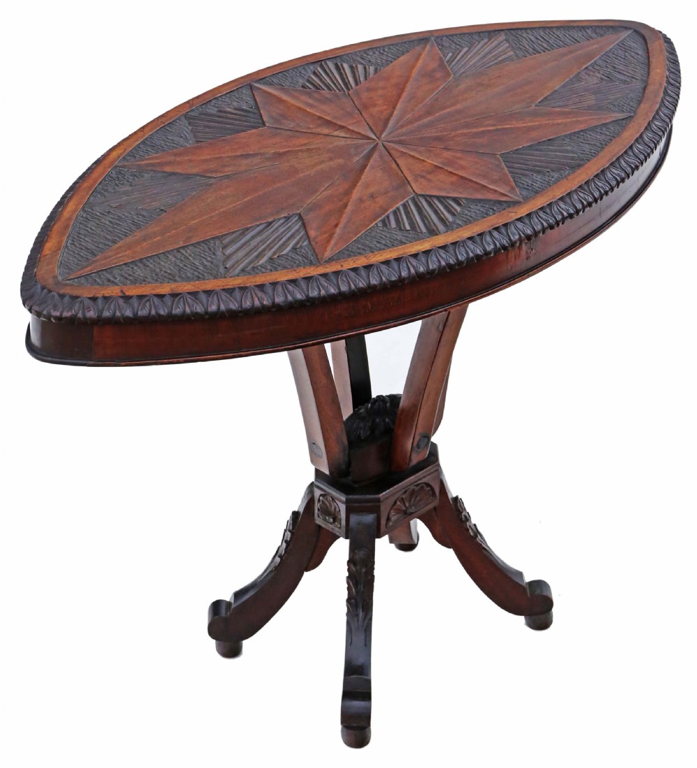 An antique Anglo-Indian carved wooden occasional table with a shield-shaped top featuring a starburst pattern on a pedestal base.