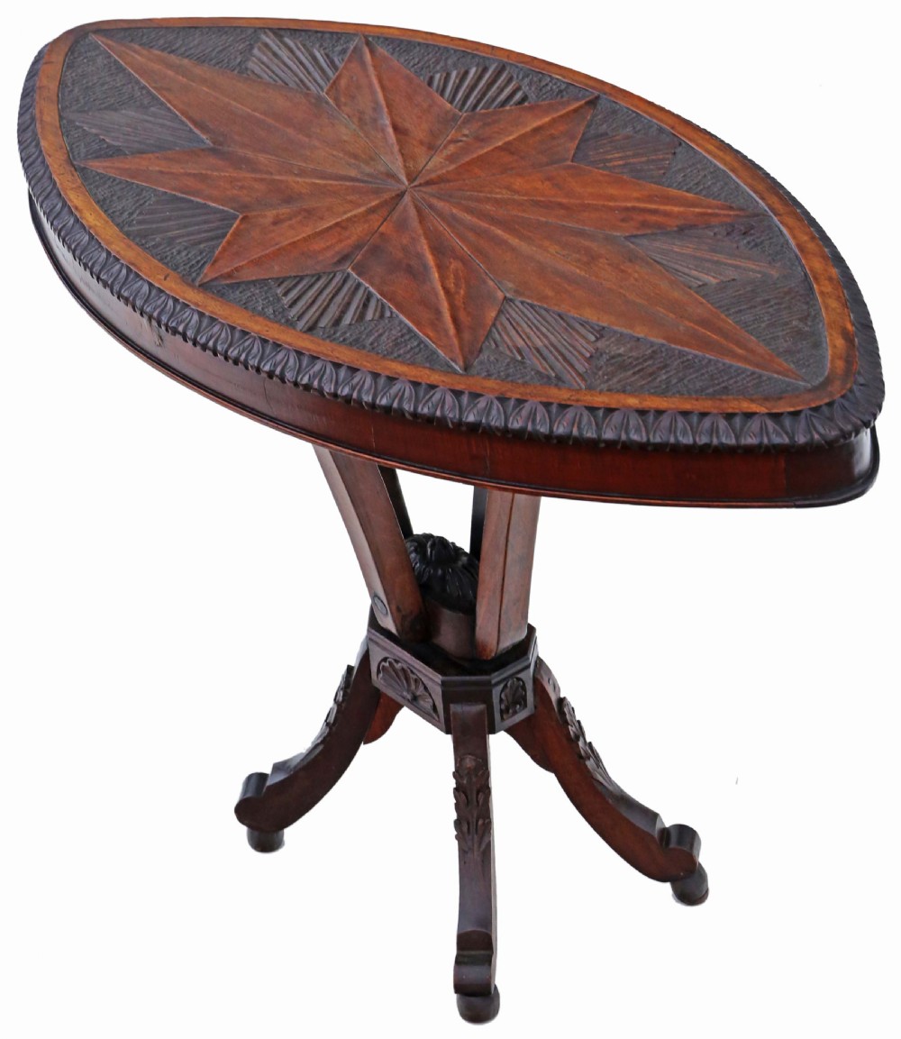 An antique Anglo-Indian carved wooden occasional table with a shield-shaped top featuring a starburst pattern on a pedestal base. View II