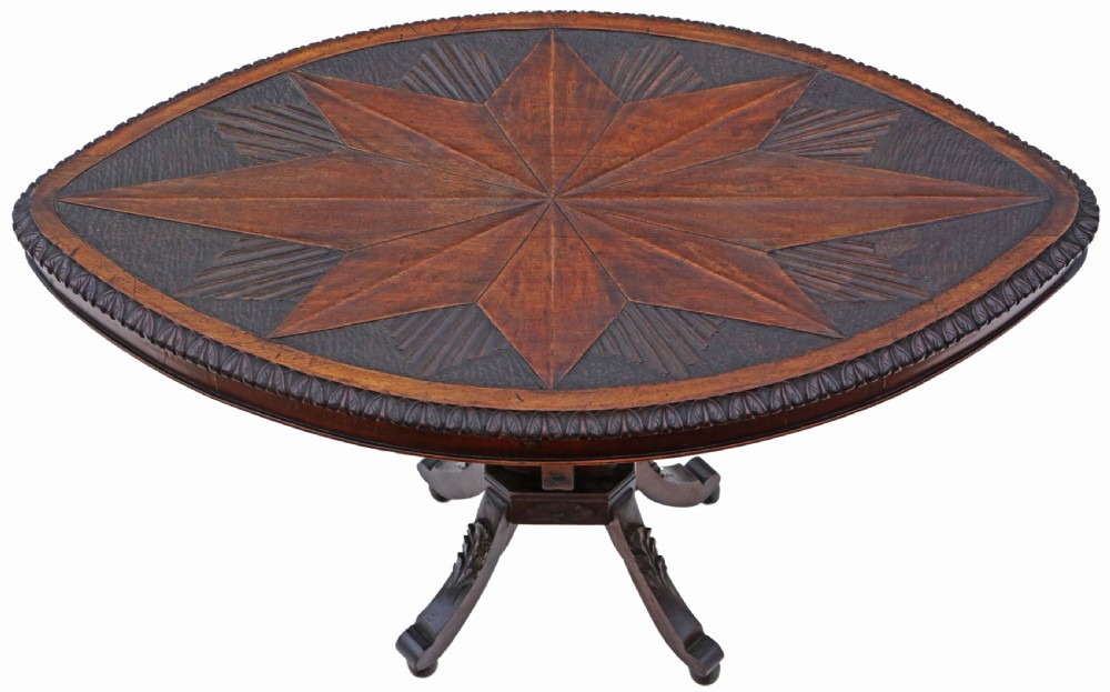 An antique Anglo-Indian carved wooden occasional table with a shield-shaped top featuring a starburst pattern on a pedestal base. View III