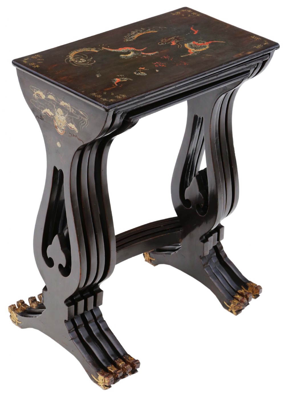 A nineteenth-century nest of four black lacquer tables featuring hand-painted Chinese dragon motifs in gold and red with shaped lyre legs. View IV