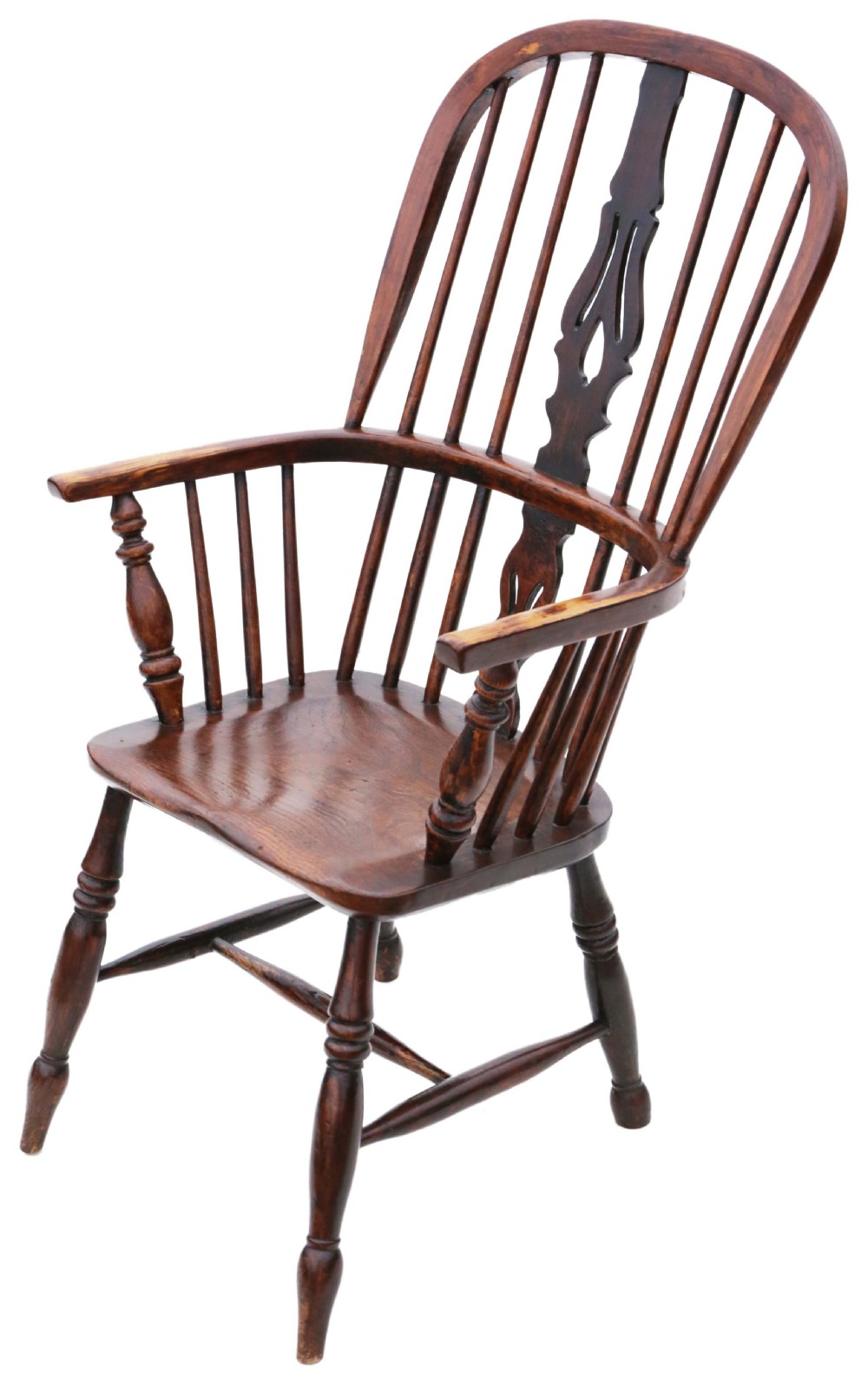 A 19th-century wooden Windsor armchair featuring a hoop back, central pierced splat, spindled backrest, shaped saddle seat, and turned legs. View II