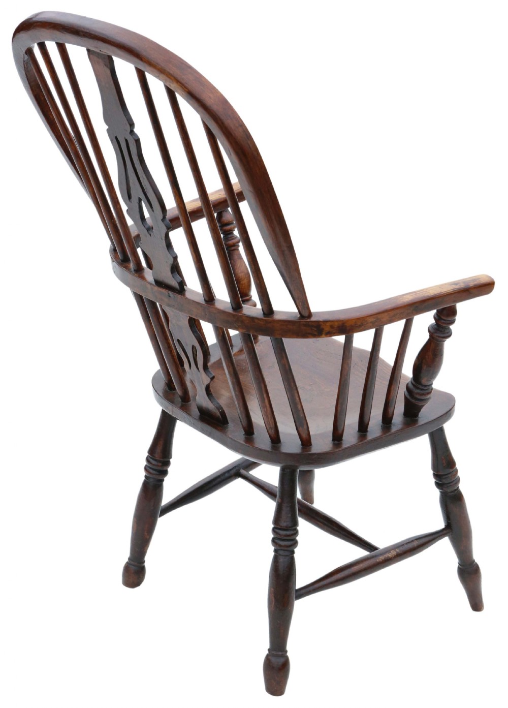 A 19th-century wooden Windsor armchair featuring a hoop back, central pierced splat, spindled backrest, shaped saddle seat, and turned legs. View III