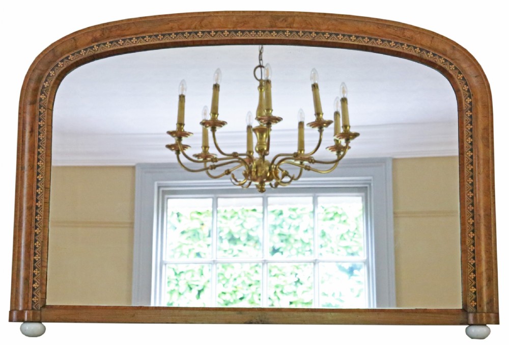 Antique quality C1900 large quality parquetry inlaid burr walnut overmantle wall mirror View II