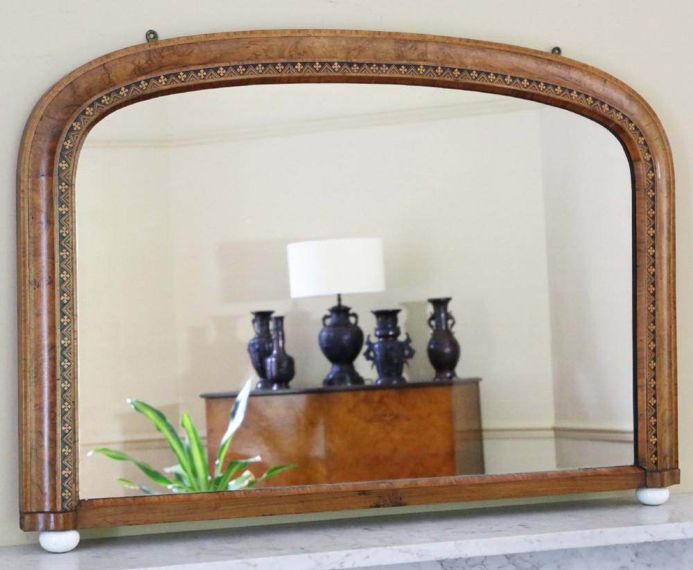 Antique quality C1900 large quality parquetry inlaid burr walnut overmantle wall mirror View V