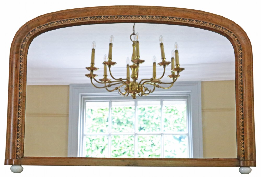 Antique quality C1900 large quality parquetry inlaid burr walnut overmantle wall mirror
