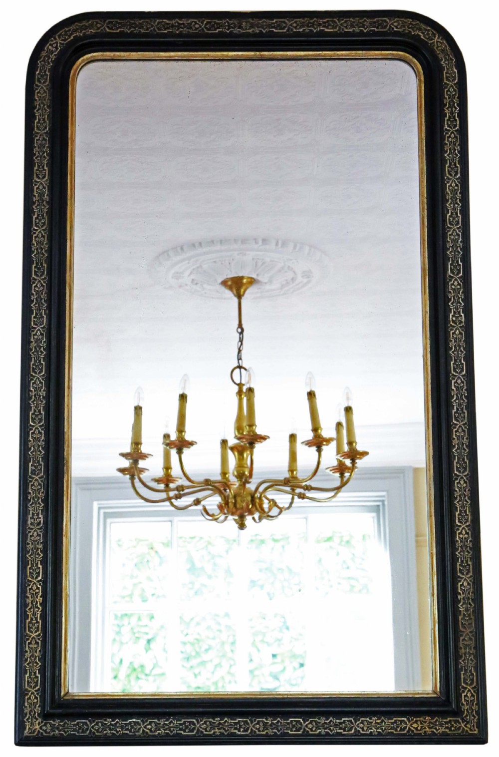 Antique very large 19th Century quality ebonised and gilt overmantle wall mirror