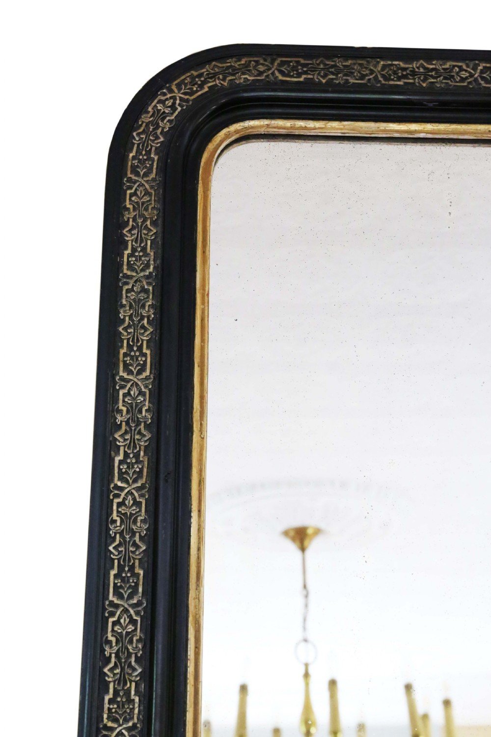 Antique very large 19th Century quality ebonised and gilt overmantle wall mirror View IV