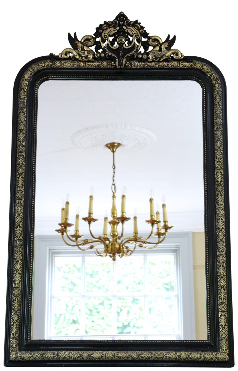 Antique large 19th Century quality ebonised and gilt overmantle wall mirror