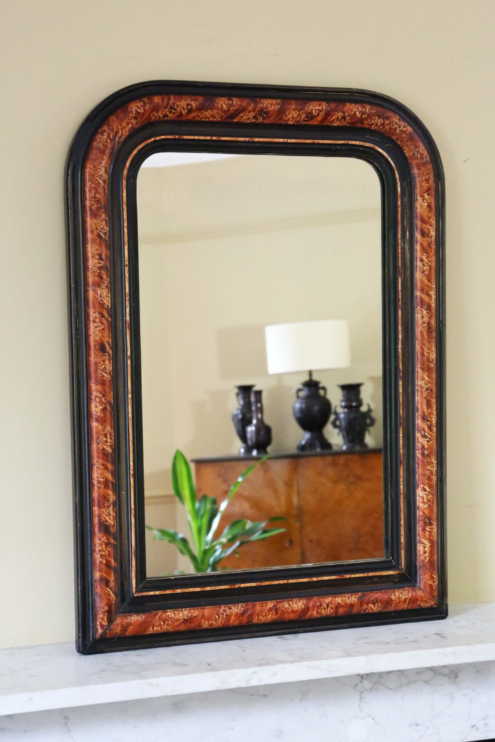 Antique large 19th Century quality faux tortoise shell and ebonised overmantle wall mirror View VI
