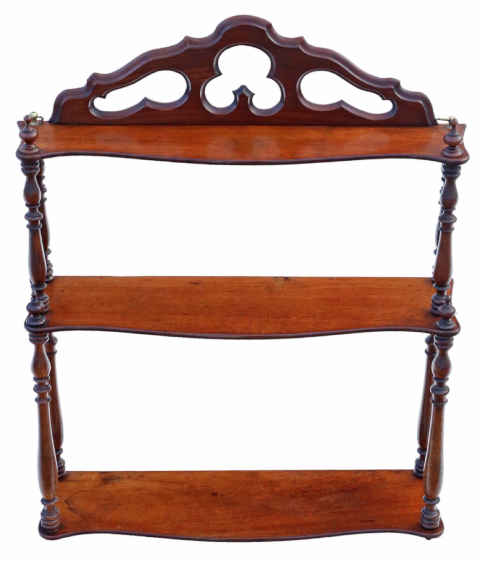 Antique quality Victorian Gothic 19th Century mahogany bookcase wall shelves.