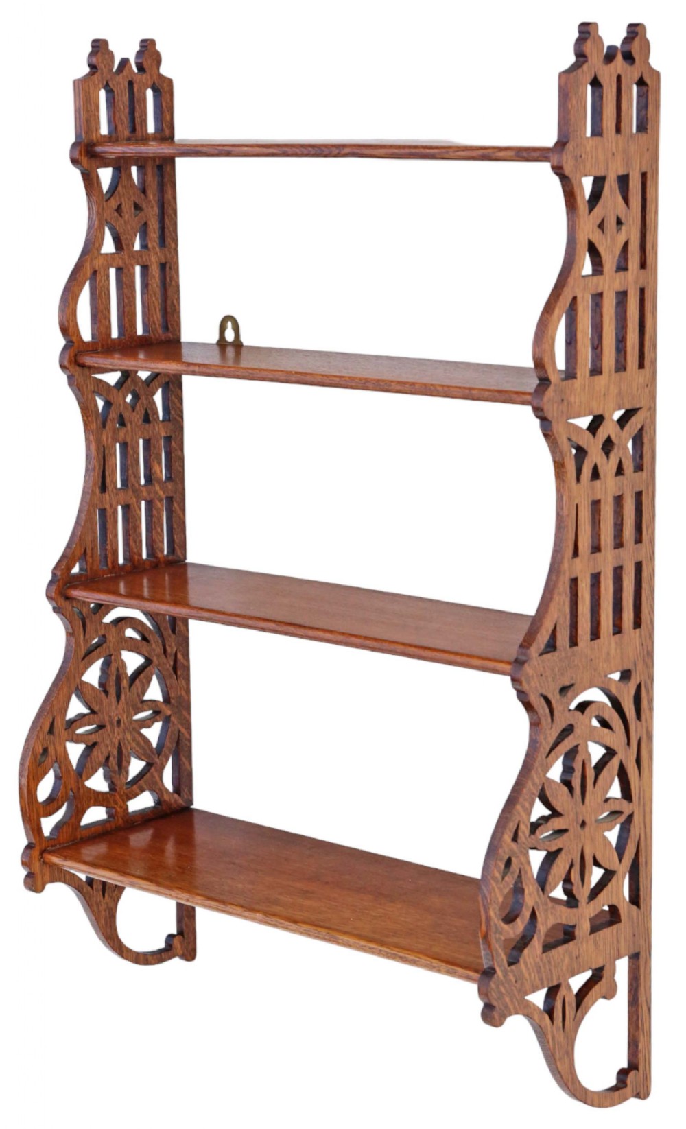 Antique quality Victorian Gothic C1900 fret cut oak bookcase wall shelves.