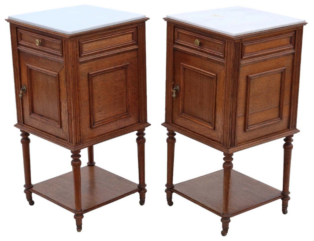 Antique quality pair of French oak bedside tables cupboards marble tops