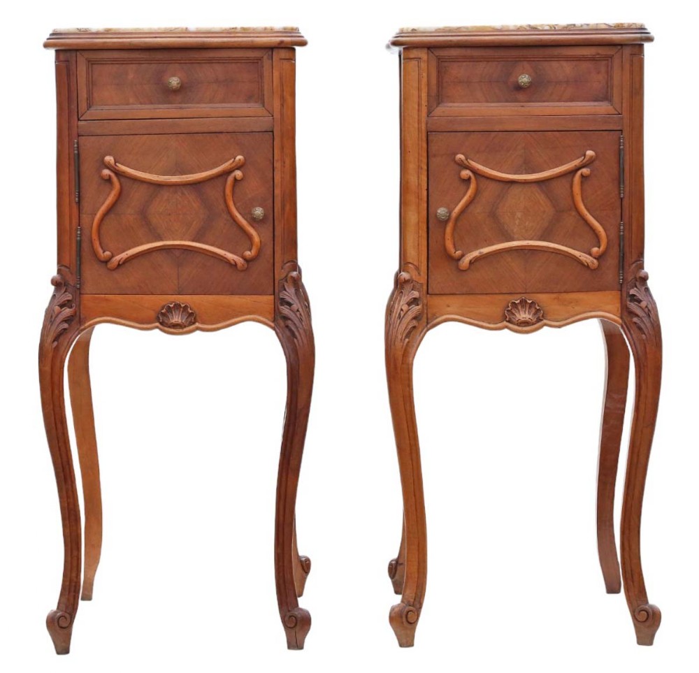 Antique quality pair of French walnut bedside tables cupboards marble tops