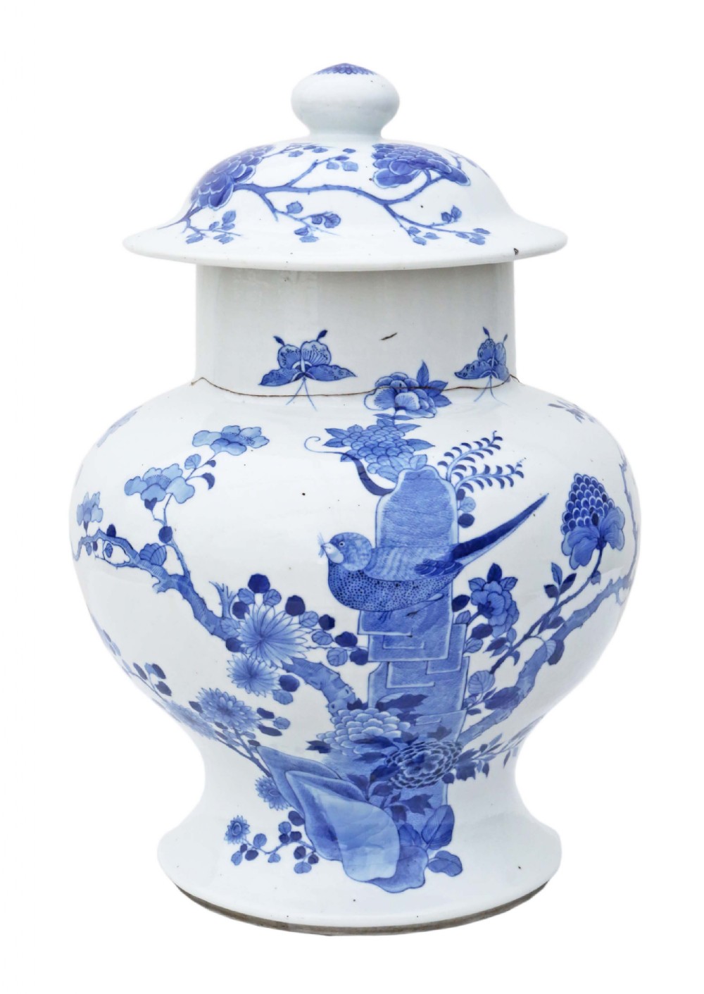 Chinese Oriental blue & white ceramic ginger jar with lid