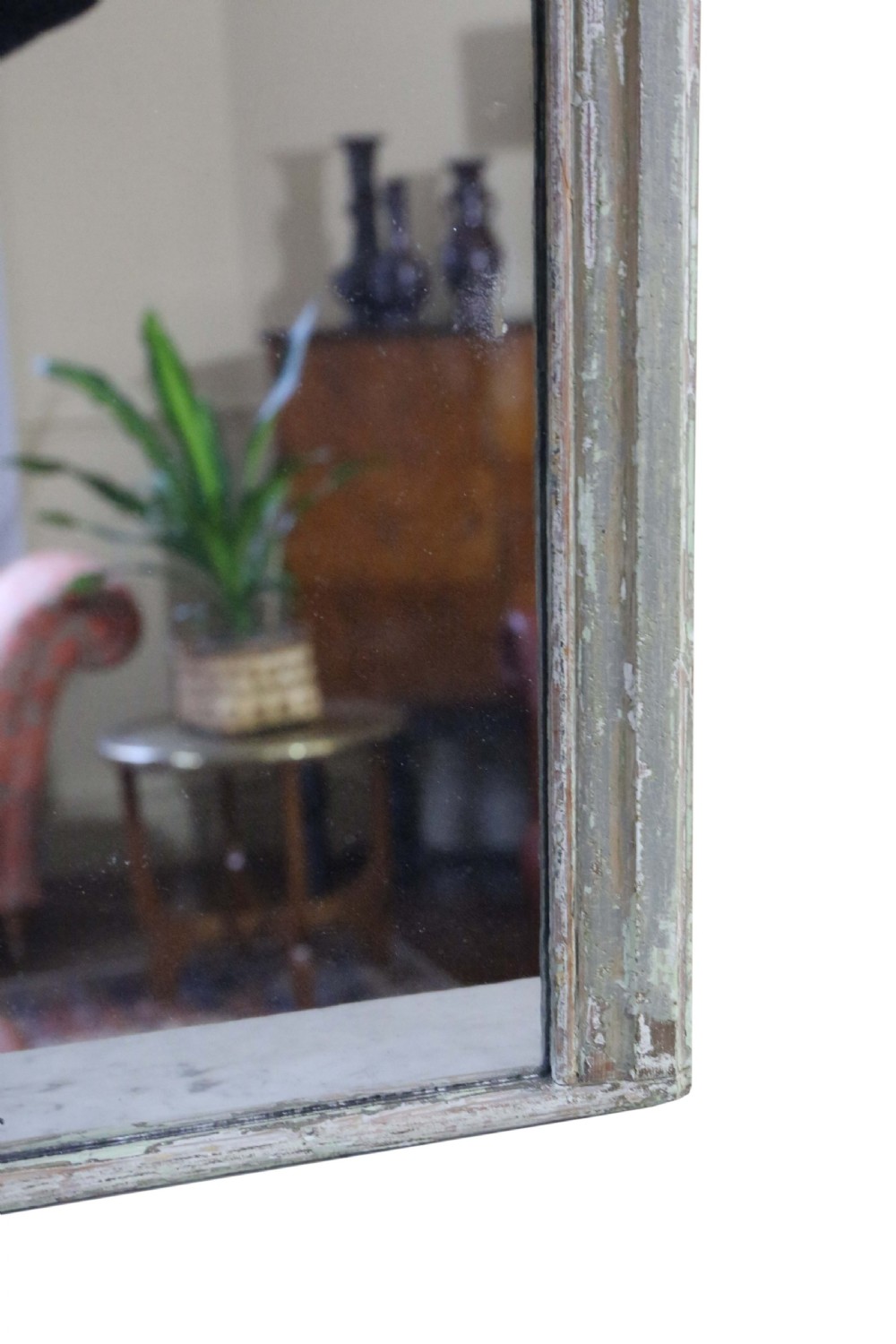 A large 19th-century rectangular wall mirror featuring a distressed pale grey painted wooden frame with moulding and aged glass plate. View V