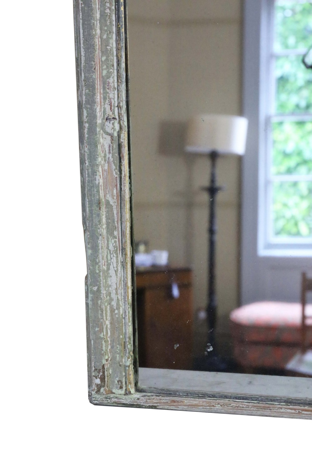 A large 19th-century rectangular wall mirror featuring a distressed pale grey painted wooden frame with moulding and aged glass plate. View VI