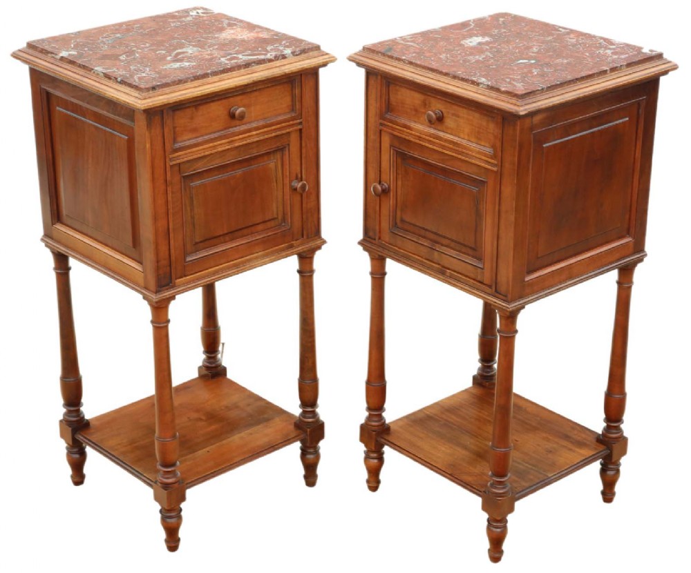 Pair of Antique French Walnut Bedside Tables with Marble Tops - High-Quality