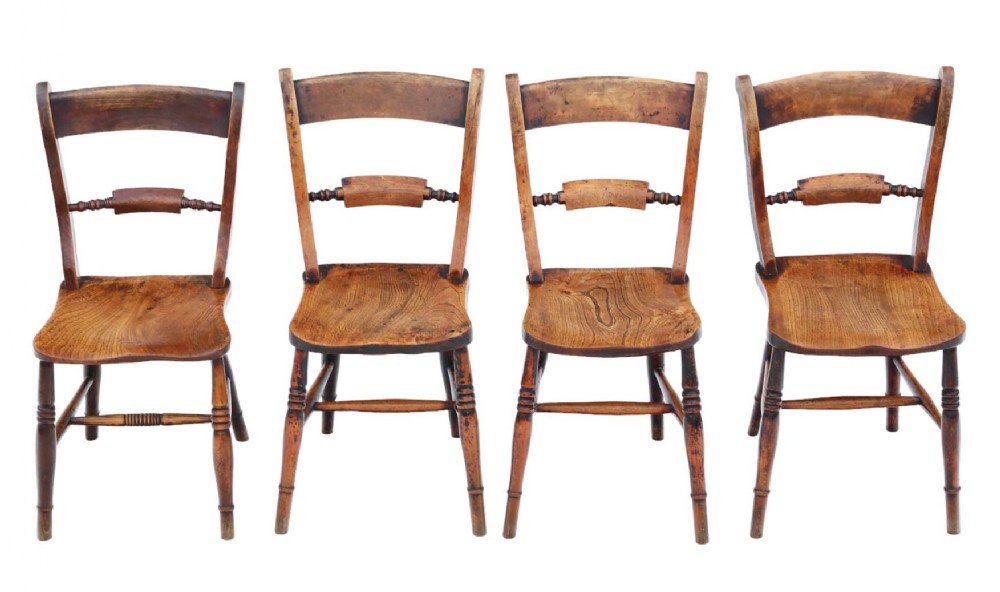 Matched Set of 4 Antique Quality 19th Century Elm Kitchen Dining Chairs