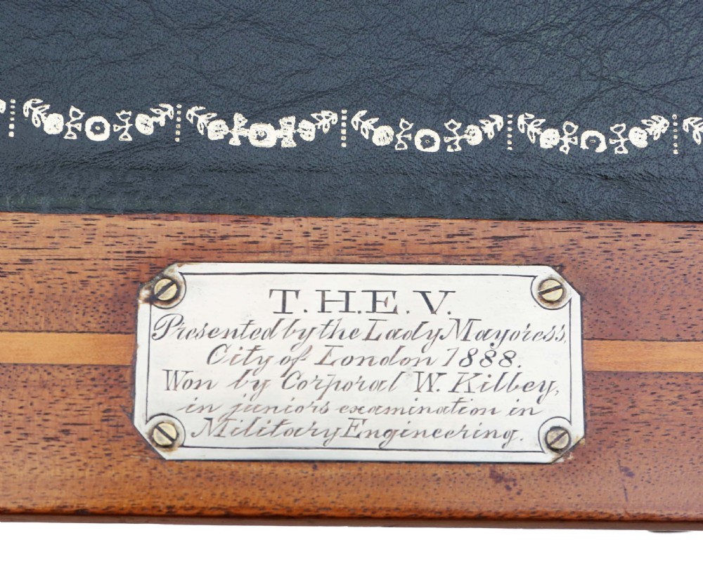 A late 19th-century mahogany writing desk featuring a green leather top, satinwood inlay, two drawers, upper trinket drawers, and an attached central mirror frame. View VI