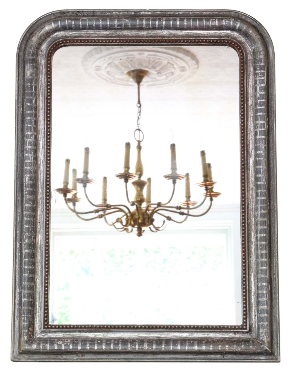 A 19th-century silver gilt overmantel mirror featuring rounded top corners, incised linear moulding, and a beaded inner frame.