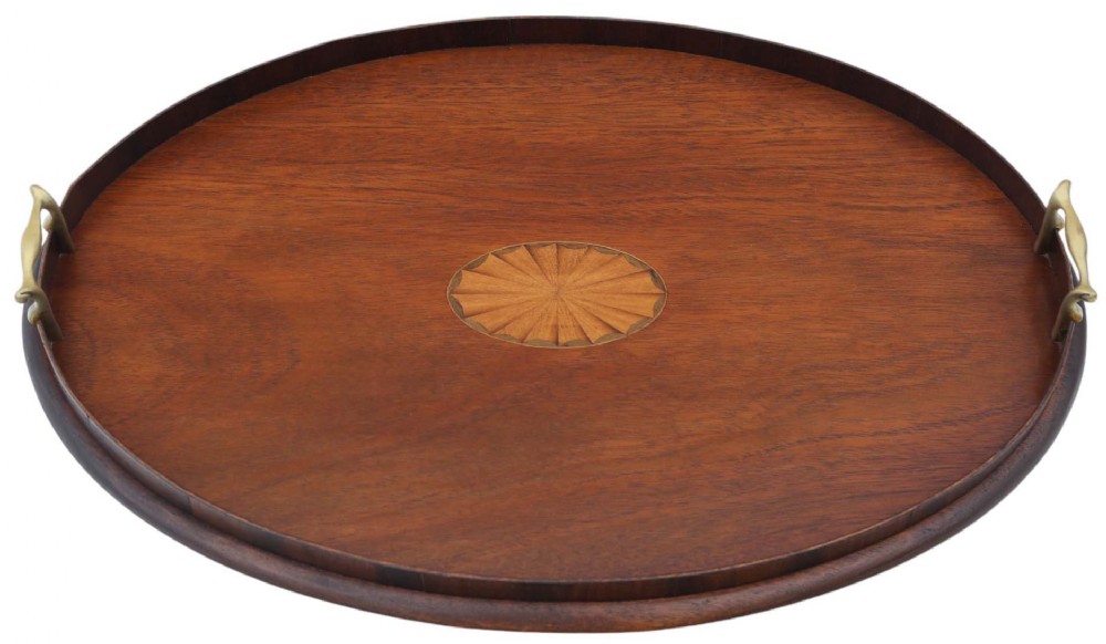 Antique Victorian quality inlaid mahogany oval tea serving tray C1900
