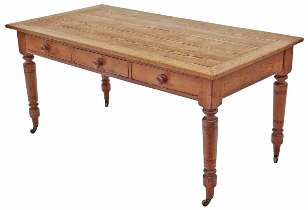 Antique 19th Century Fine Quality Pitch Pine Farmhouse Kitchen Dining Table with Drawers