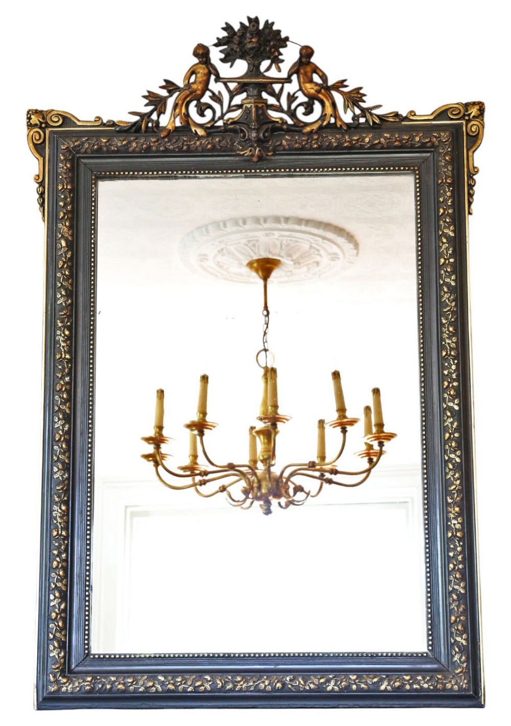 Large 19th Century Antique Ebonised & Gilt Overmantle Wall Mirror – Black & Gold Vintage Statement Frame