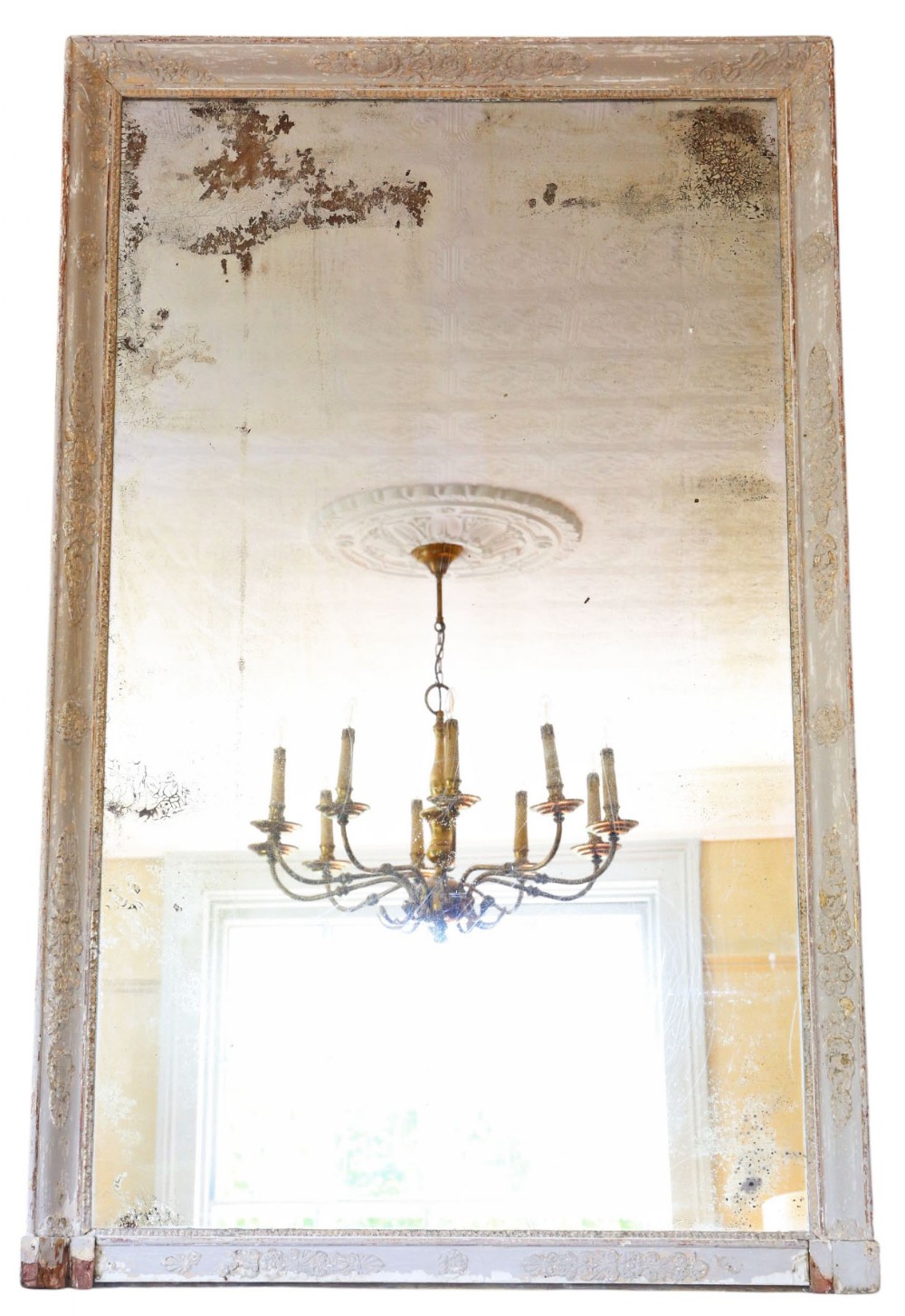 Very Large 19th Century Antique Overmantle Wall Mirror – Worn Painted Frame