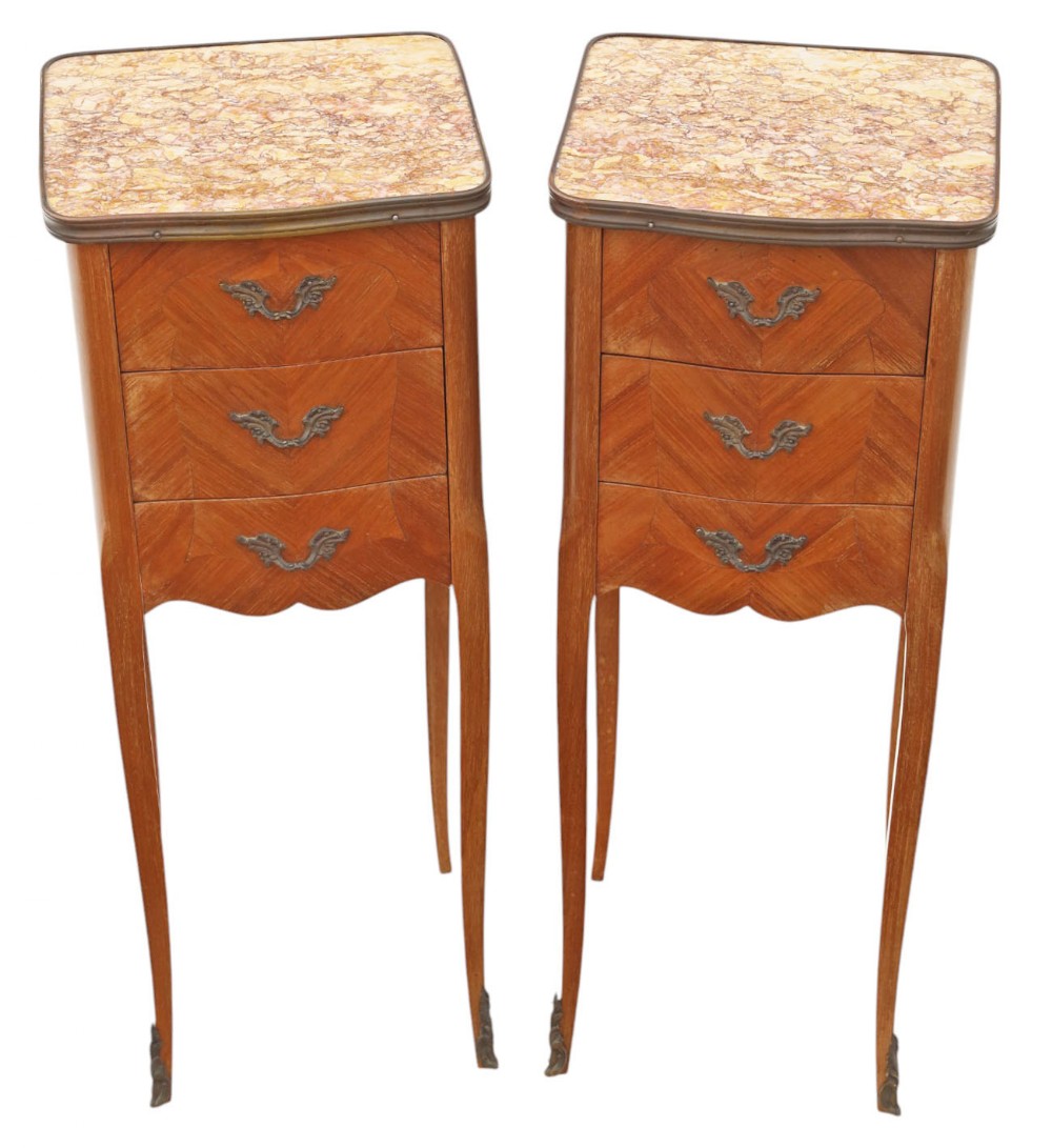 Antique Pair of Small Marquetry Bedside Tables with Marble Tops – Quality Early 20th Century C1925