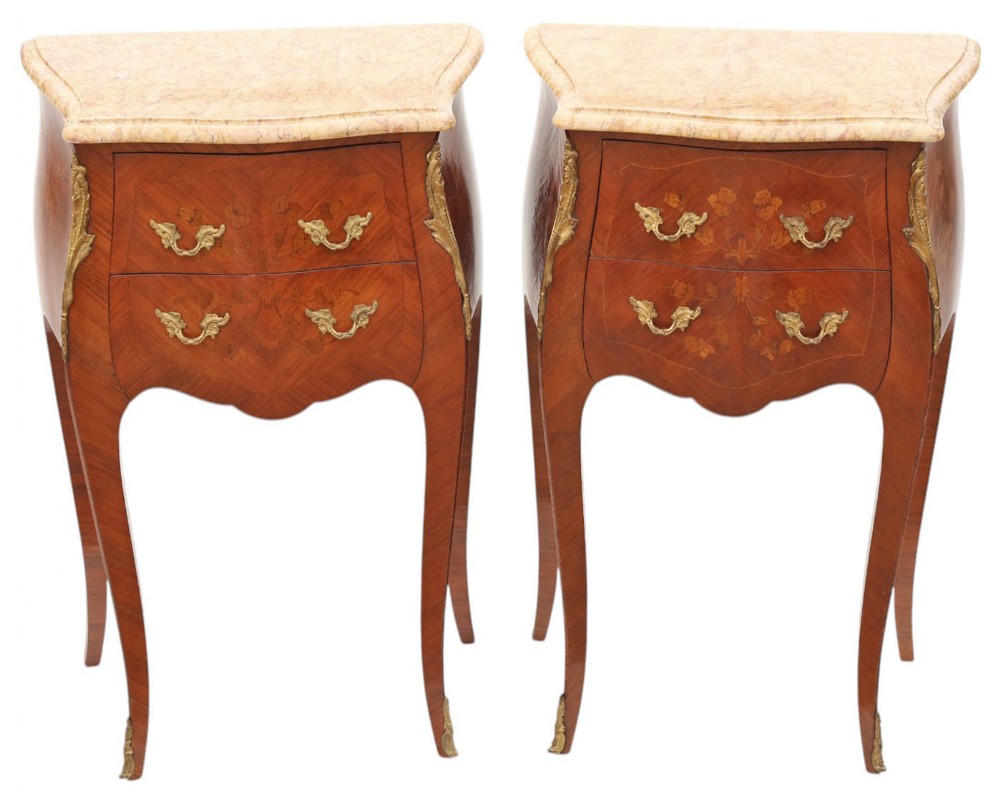 Antique Pair of Marquetry Bedside Tables with Marble Tops – Early 20th Century Quality