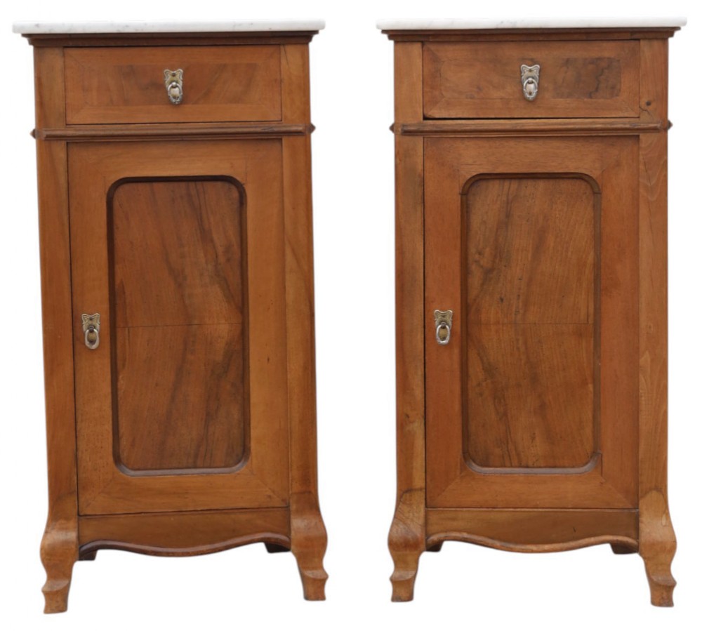 Antique c.1910 Pair of Cherry & Maple Bedside Tables with Marble Tops – Fine Quality Nightstands