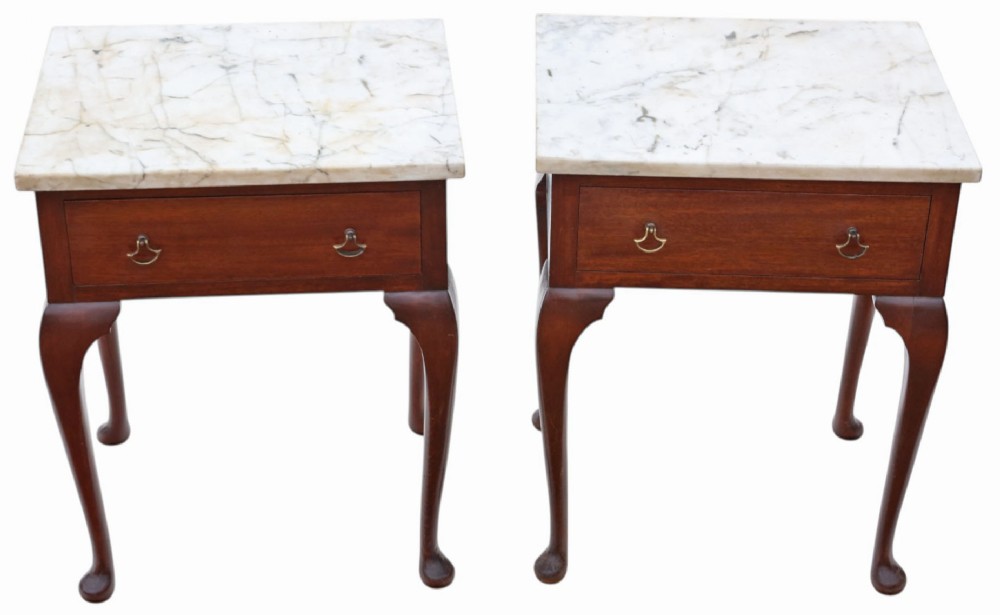 Antique c.1910 Pair of Low Mahogany Lamp Tables with Marble Tops – Fine Quality