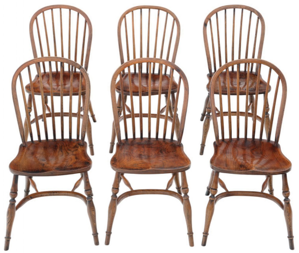 Antique Set of 6 Georgian Revival c.1920 Ash and Elm Windsor Kitchen Dining Chairs – Quality Craftsmanship