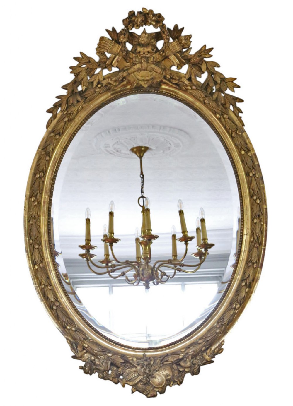 Antique 19th Century Large Oval Gilt Overmantel Wall Mirror – Decorative Gold Statement Frame