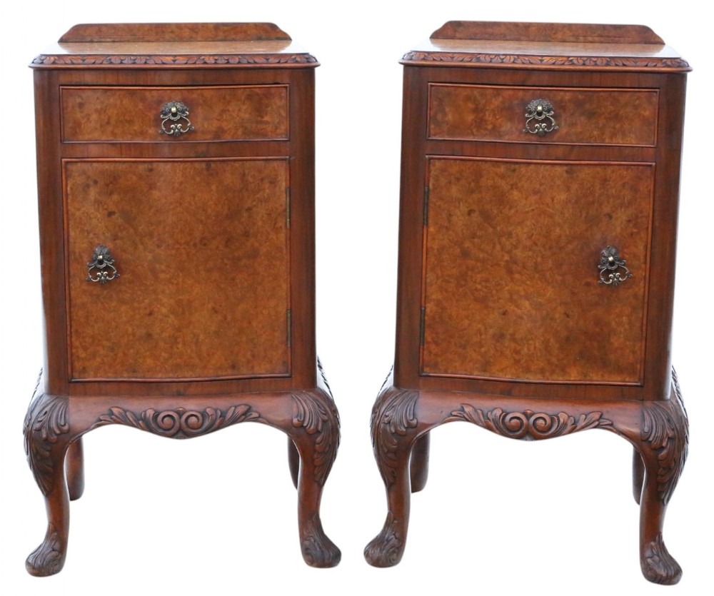 Antique c.1920 Pair of Burr Walnut Bedside Tables – Fine Quality Nightstands