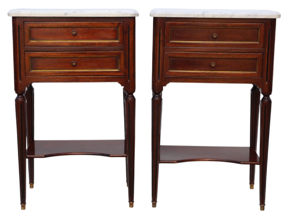 Antique c.1925 Pair of Mahogany & Marble Bedside Tables 