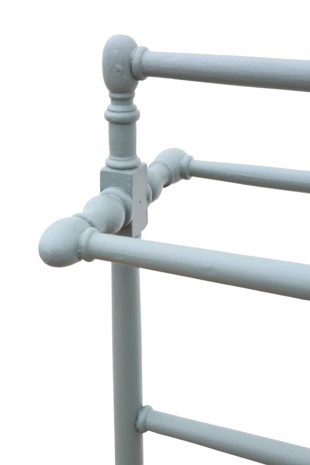 A freestanding pale blue painted beech towel stand featuring five horizontal rails, turned finials, and trestle feet. View V