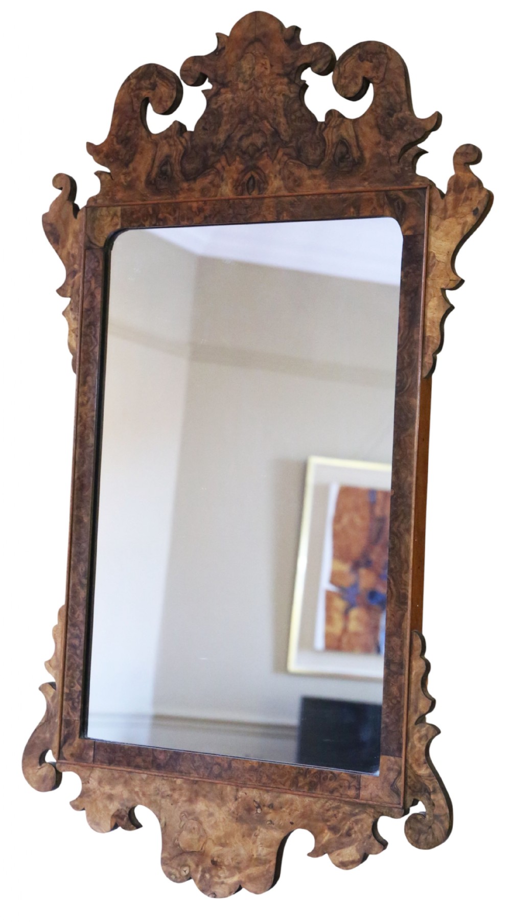 Antique c.1910 Georgian Revival Burr Walnut Fret-Cut Overmantle Mirror – Fine Quality