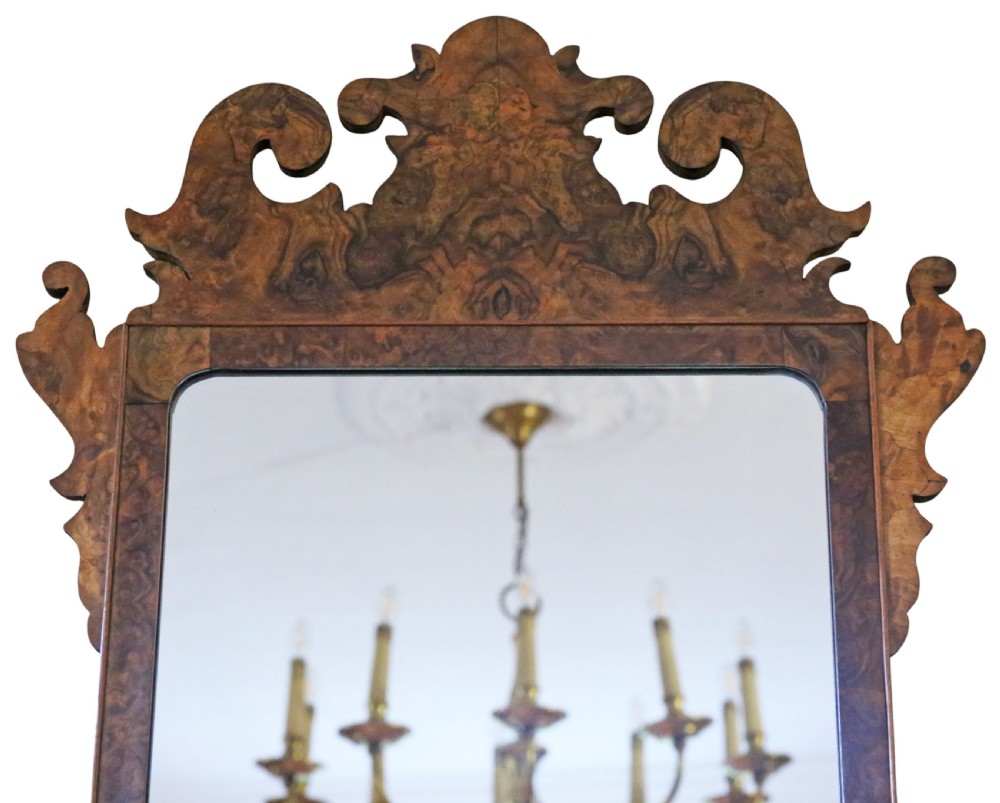Antique c.1910 Georgian Revival Burr Walnut Fret-Cut Overmantle Mirror – Fine Quality View V